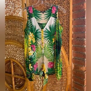 XOXO Multi Color Tropical Floral Size M Bare Shoulder Top Blouse Gold Buttons